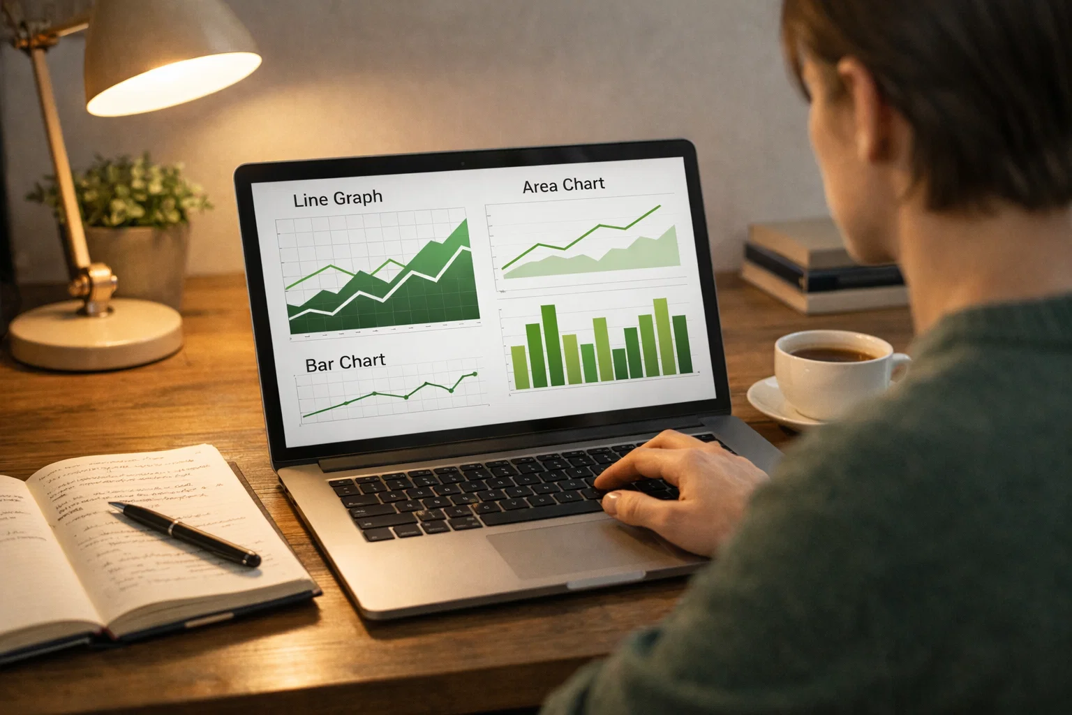 Person analysiert Statistiken und Daten auf einem Laptop