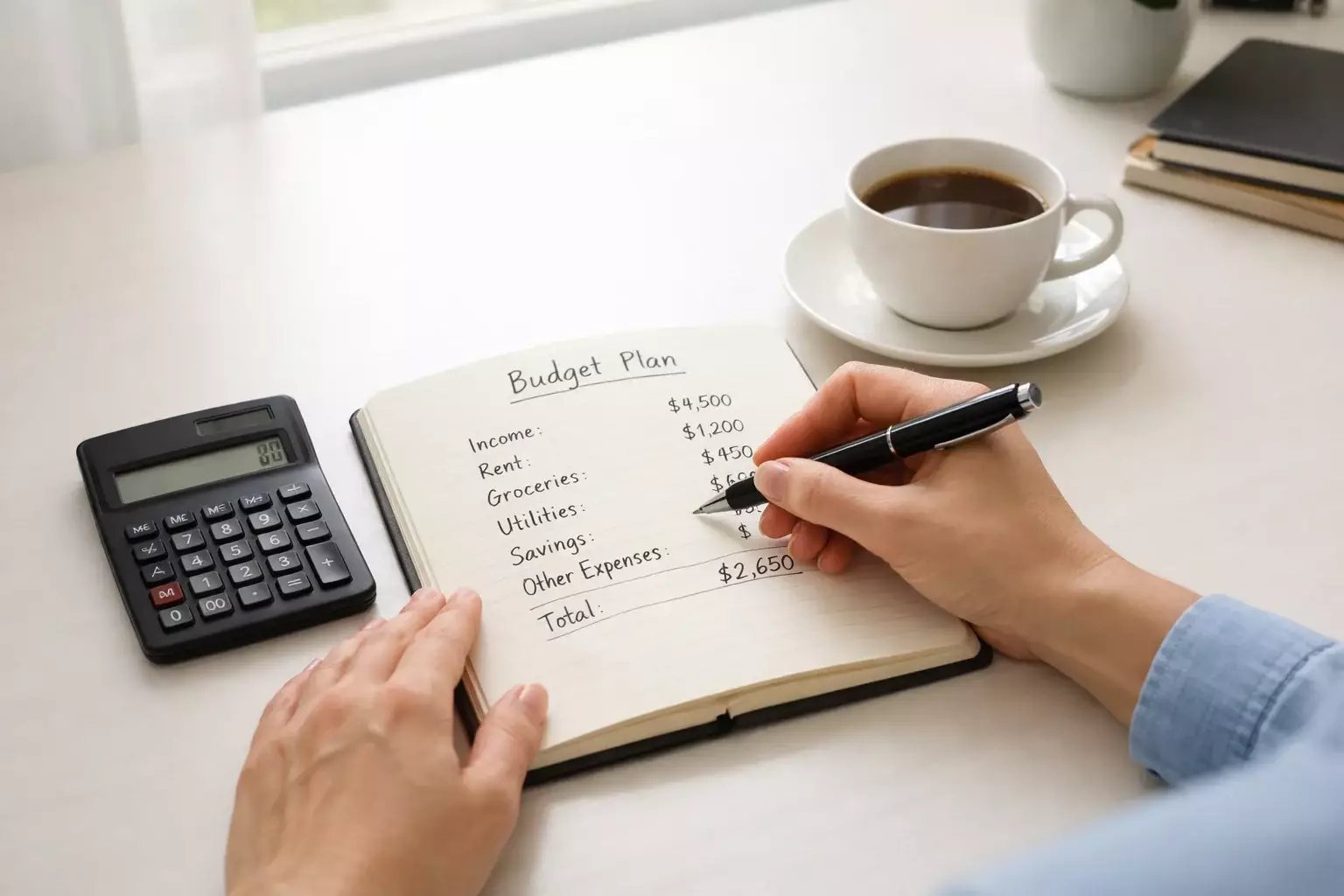 Person plant Budget mit Notizbuch und Taschenrechner auf dem Tisch