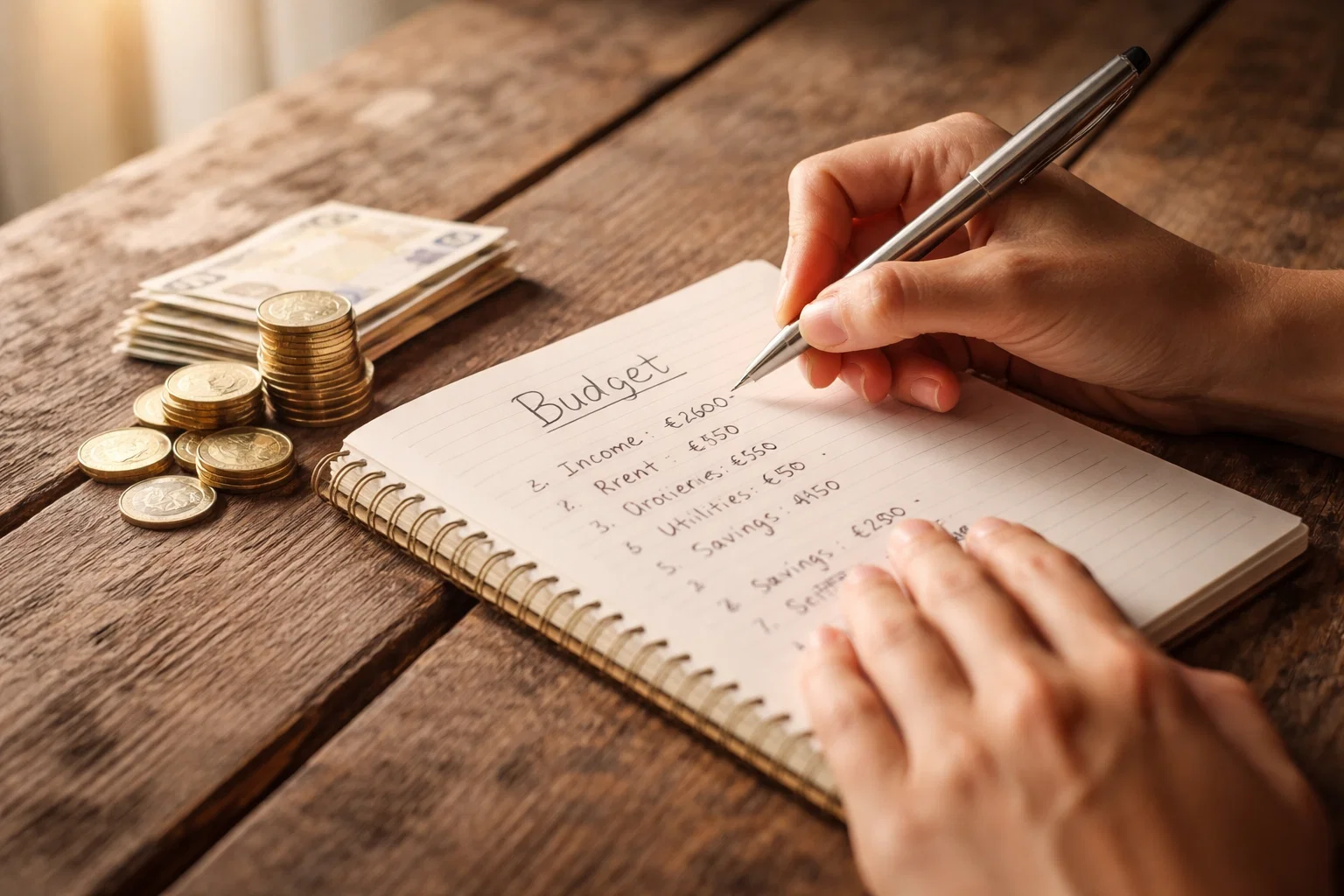 Person plant ihr Budget mit Stift und Notizbuch auf einem Holztisch