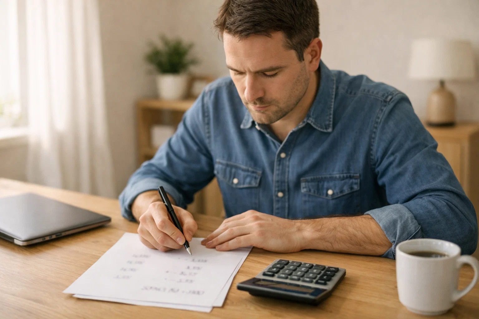 Mann macht Berechnungen mit Stift und Papier an einem Schreibtisch
