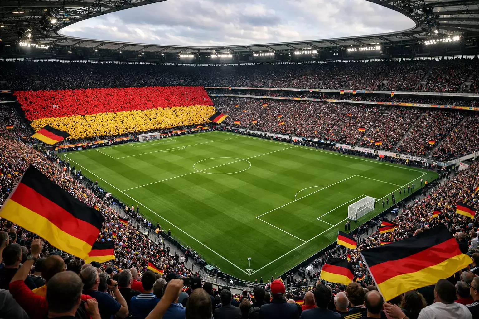 Volles Bundesliga-Stadion mit grünem Rasen und deutscher Fankurve