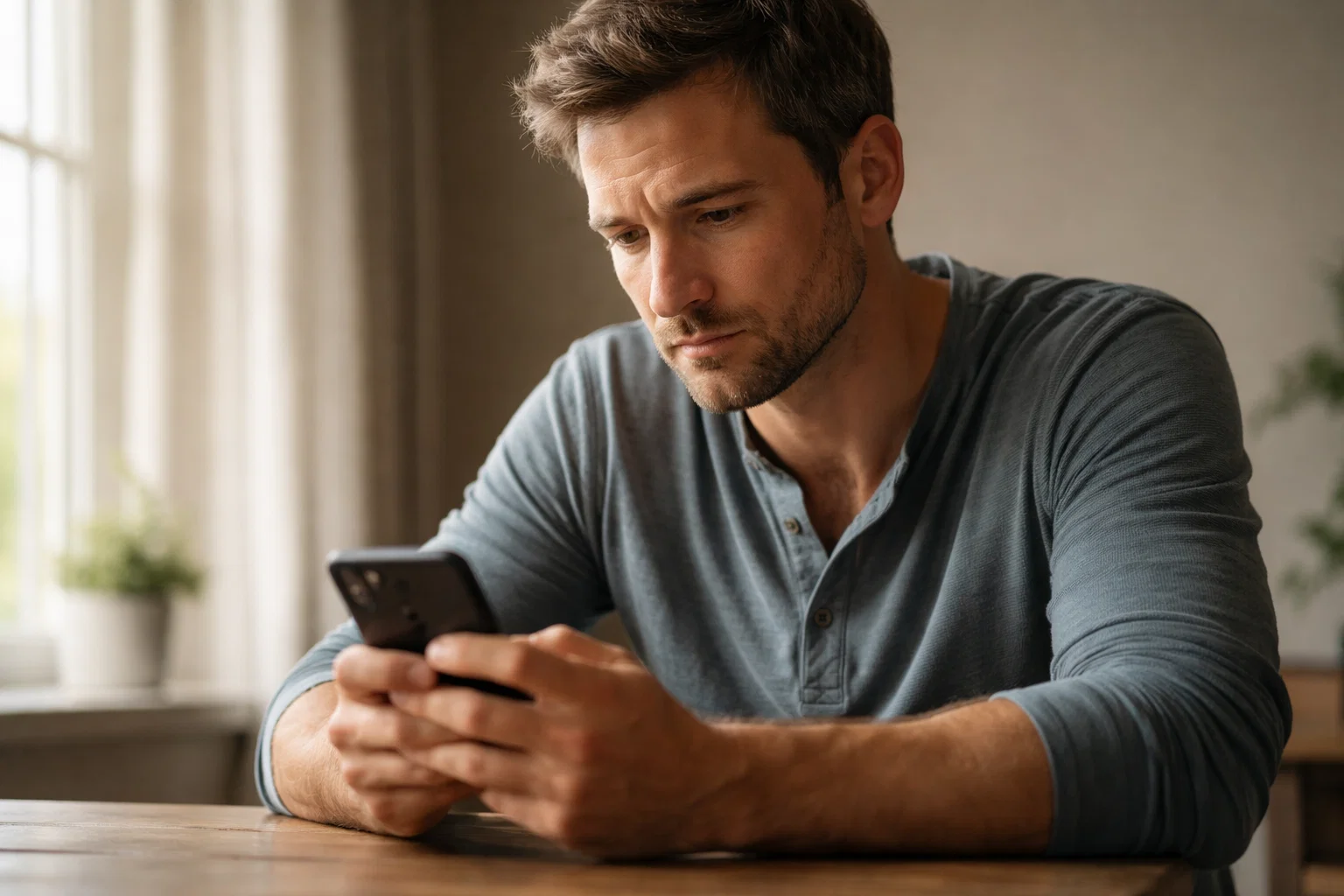 Mann sitzt nachdenklich vor seinem Smartphone und überlegt eine Entscheidung