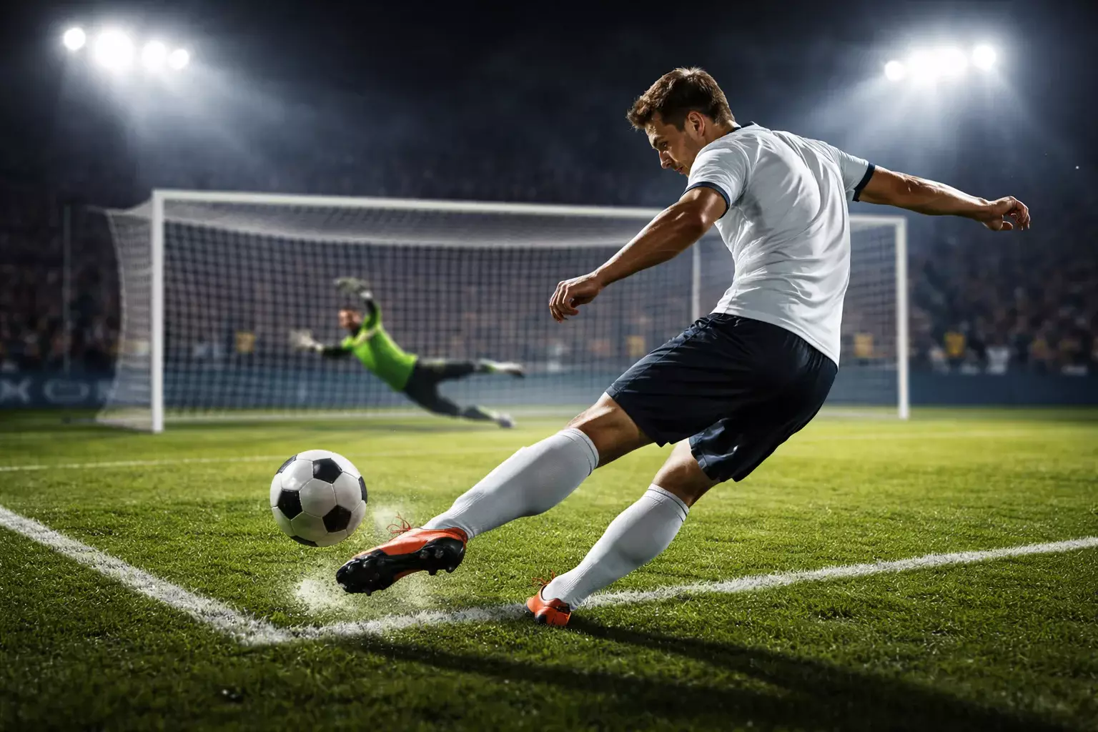Hand hält Smartphone mit Sportwetten-App vor einem Fußballstadion