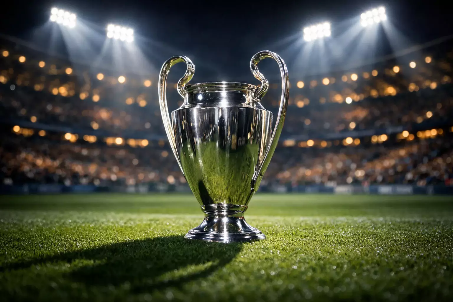 Champions League Pokal auf dem Rasen eines beleuchteten Stadions bei Nacht