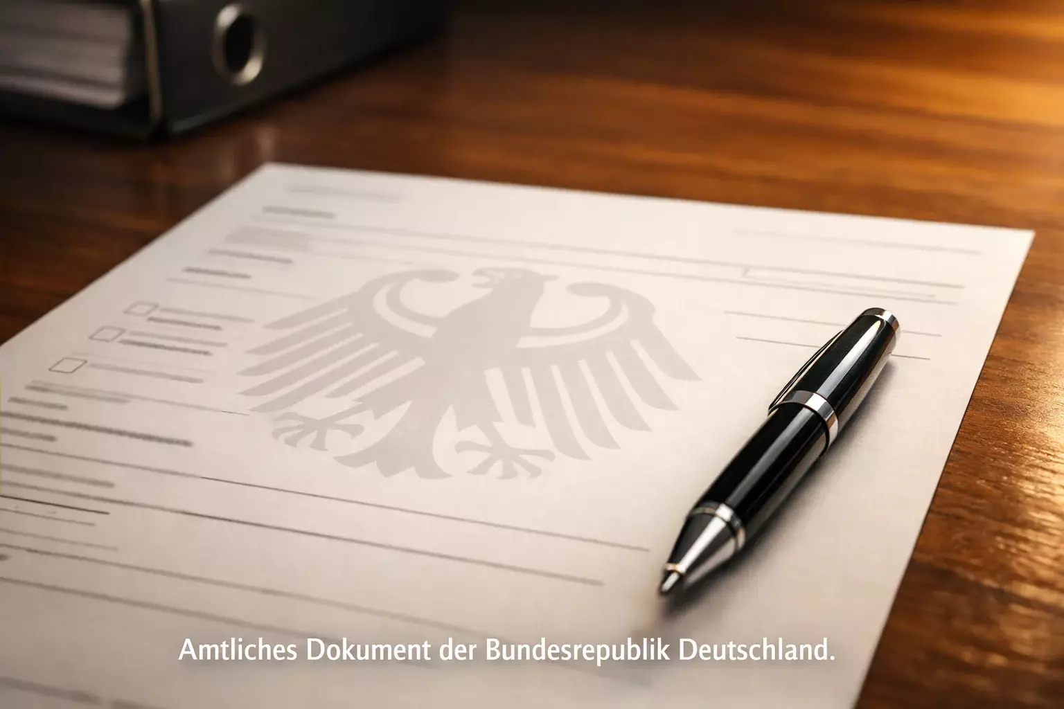 Offizielles Dokument mit deutschem Bundesadler und Stempel auf einem Schreibtisch