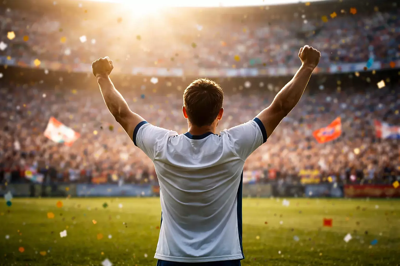 Fußballspieler feiert Sieg auf dem Rasen mit Fans im Hintergrund