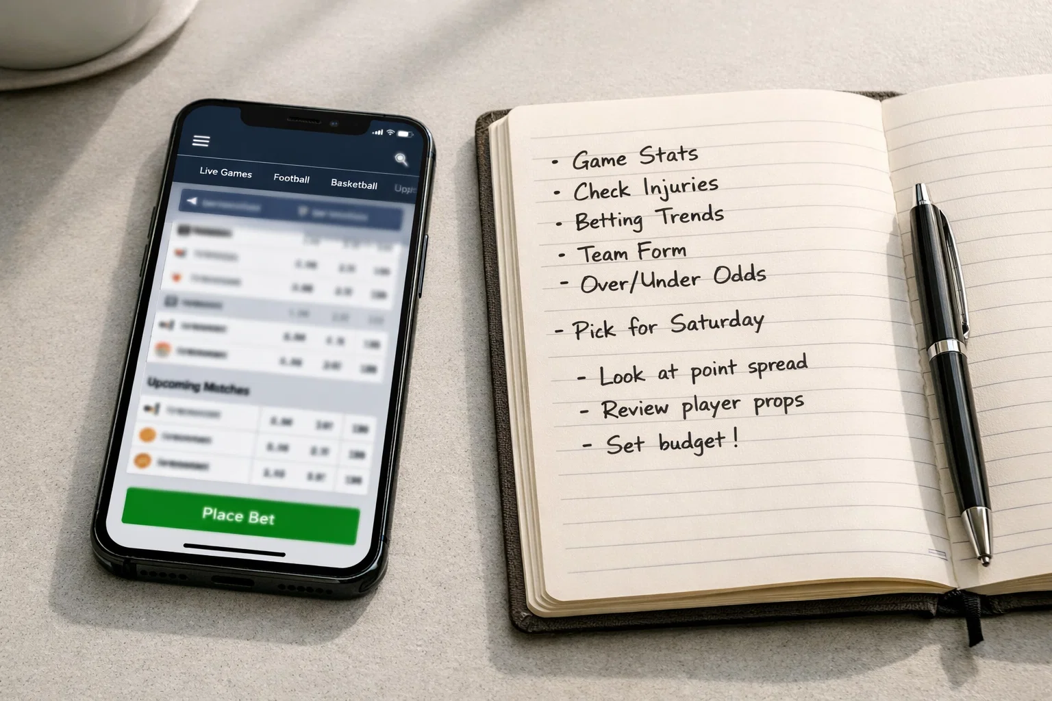 Smartphone zeigt eine Wett-App neben einem Notizbuch mit Notizen