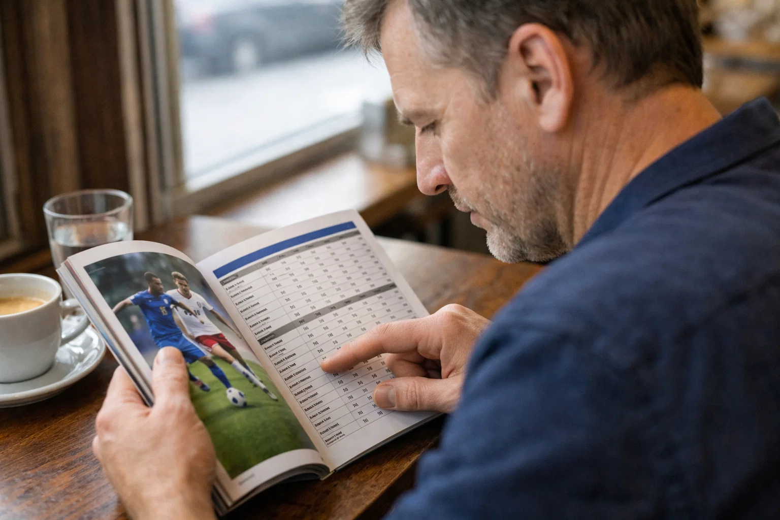 Mann studiert Fußballstatistiken in einem aufgeschlagenen Sportmagazin