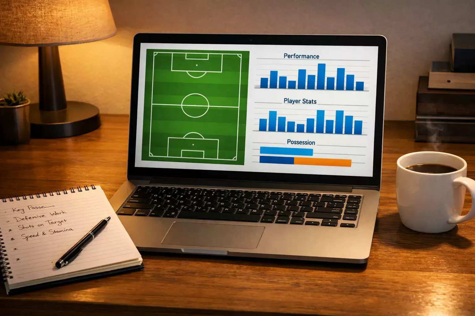 Laptop zeigt Fußball-Statistiken mit xG-Werten und Spieleranalysen