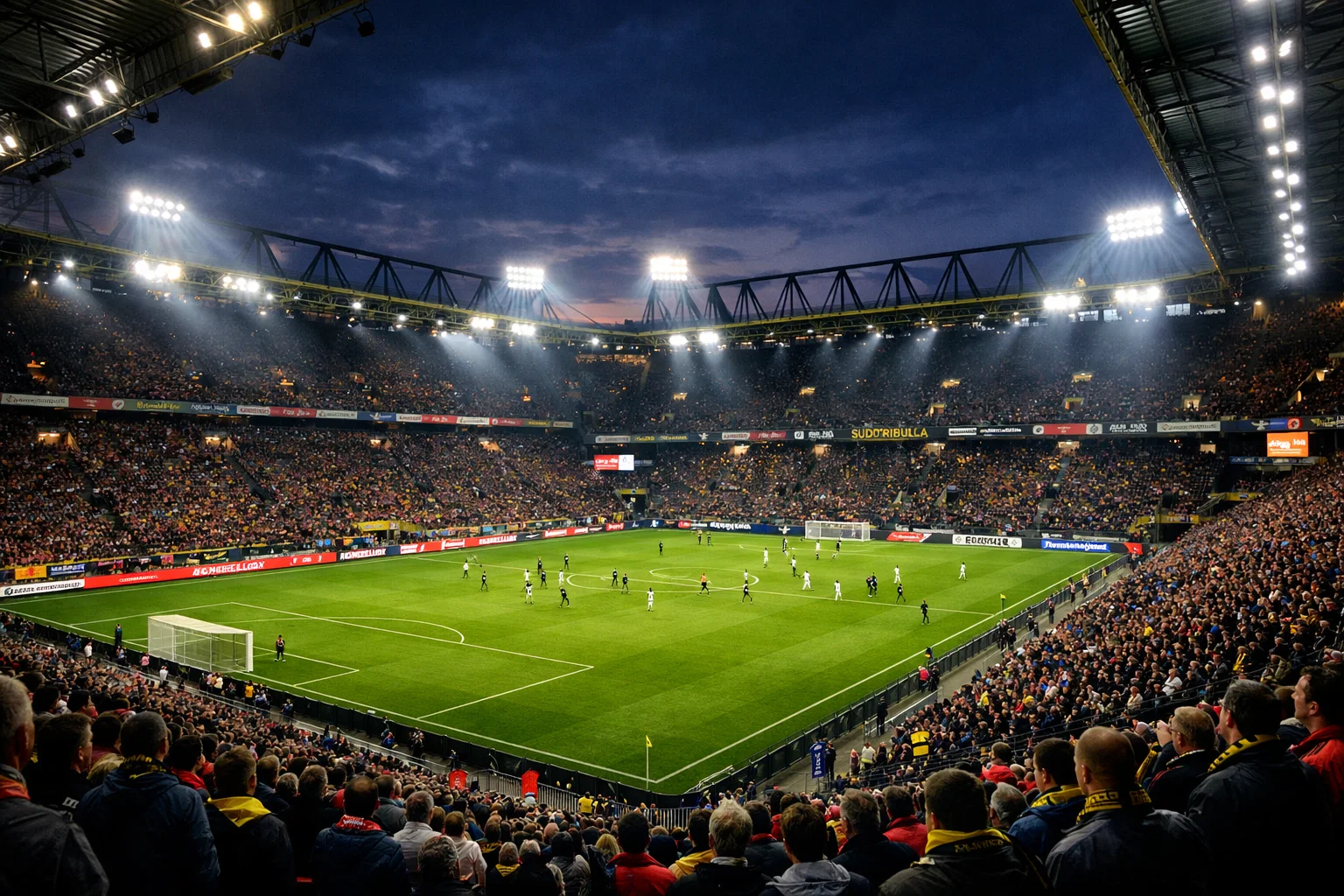 Blick auf ein volles Fußballstadion während eines Spiels bei Flutlicht