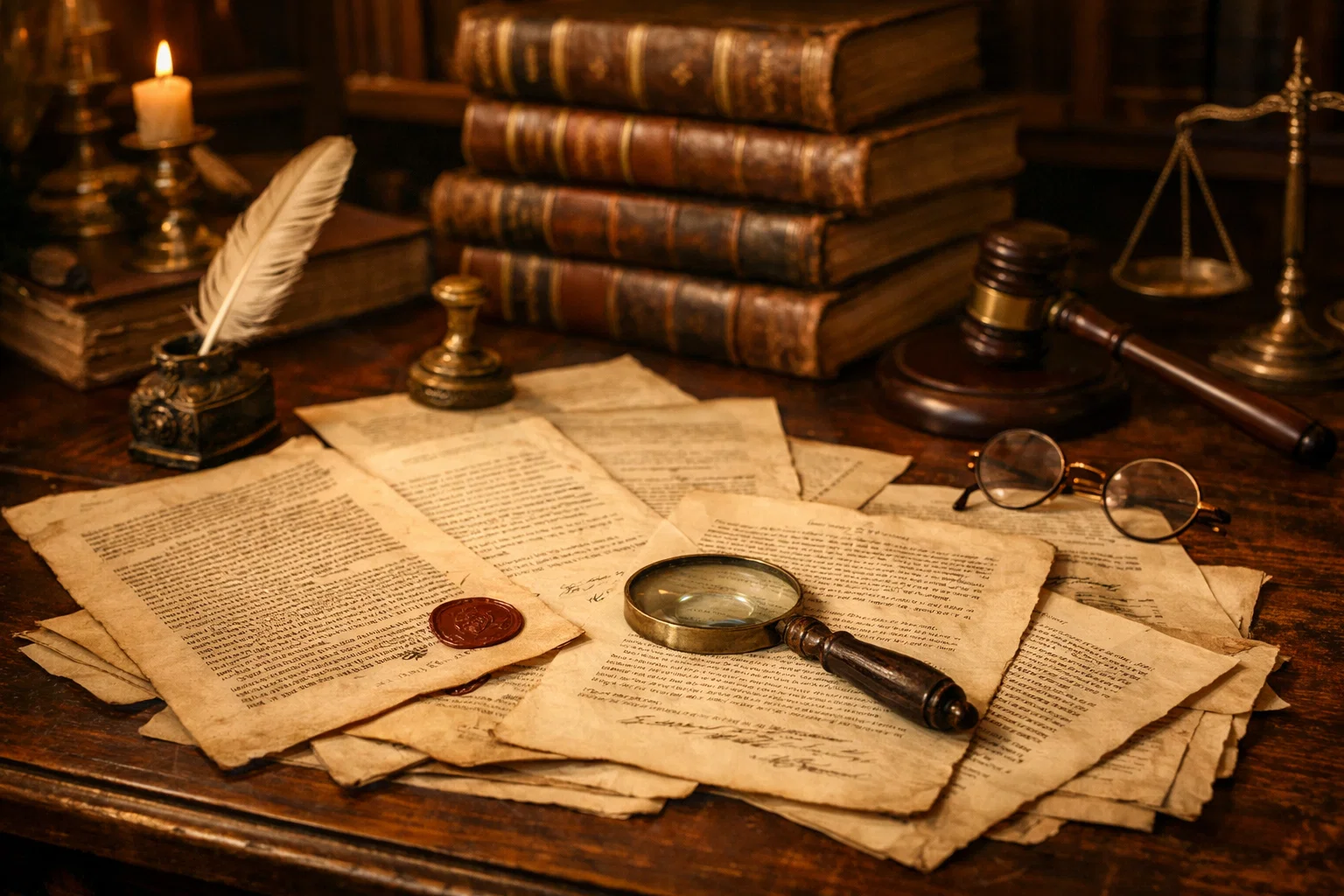 Historische Dokumente und Gesetzestexte auf einem Schreibtisch