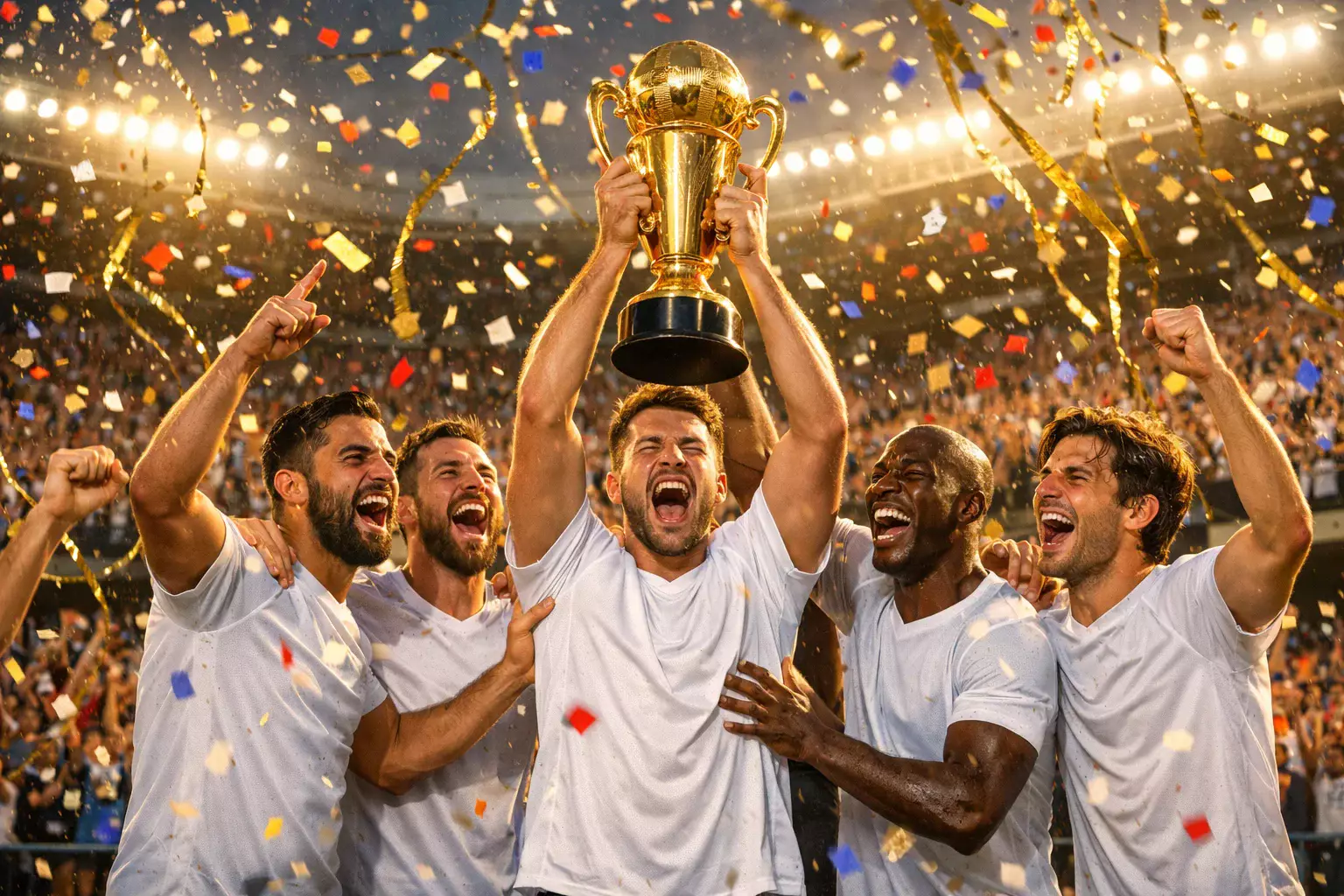 Fußballmannschaft feiert Meisterschaft mit Pokal und Konfetti