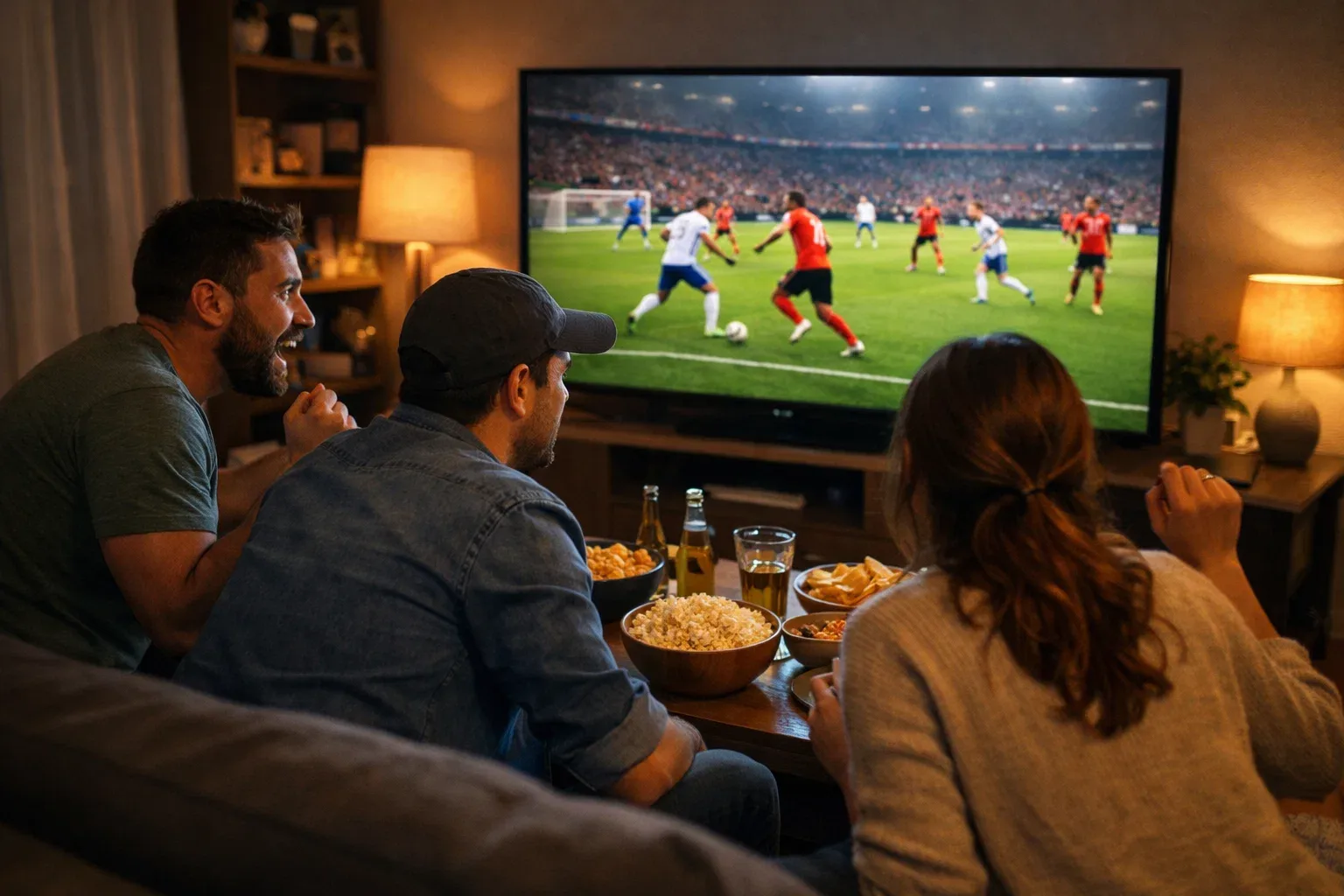 Fußballfans verfolgen ein Spiel live im Fernsehen mit Spannung
