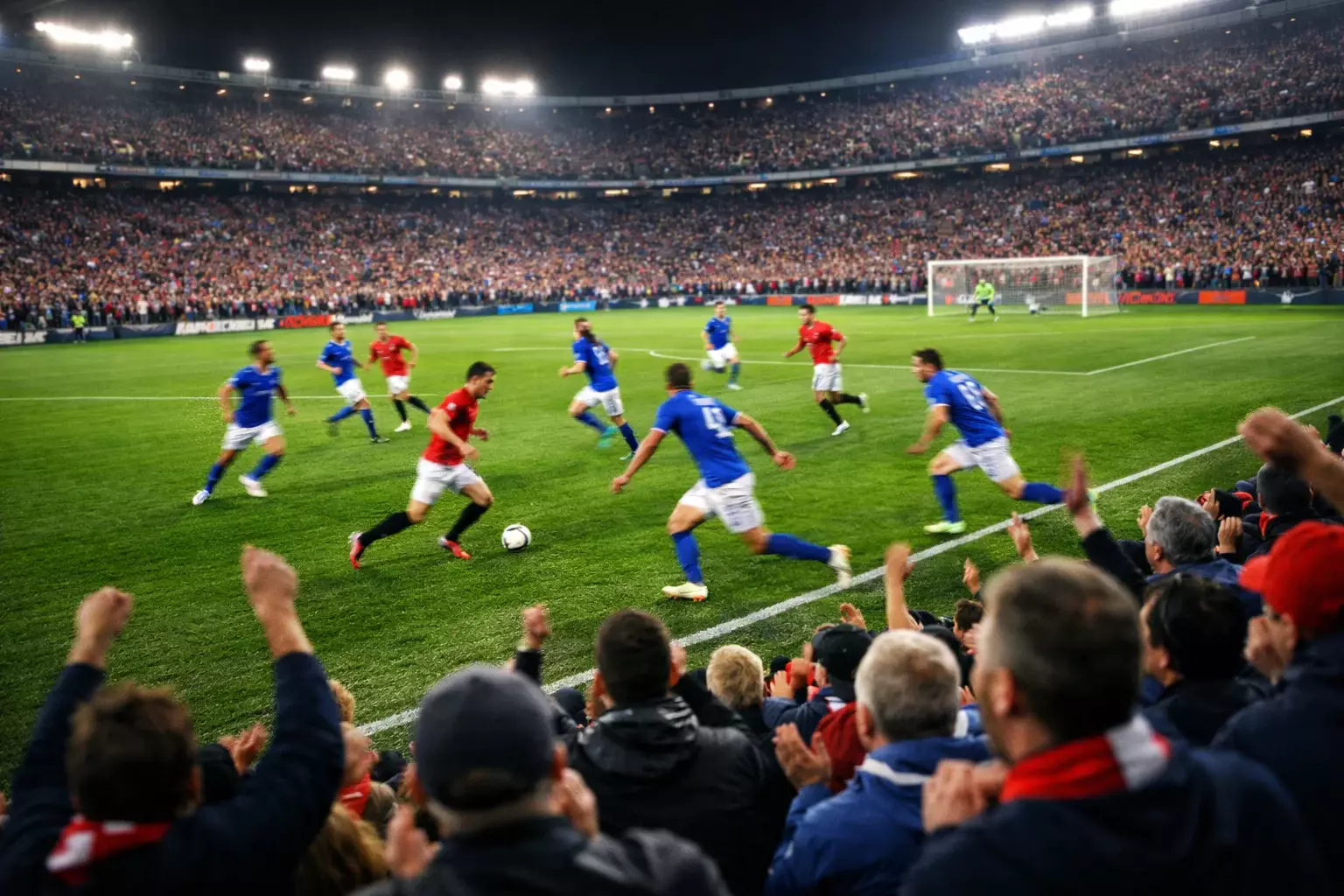 Fußballspiel im Stadion mit laufendem Spielgeschehen und Fans