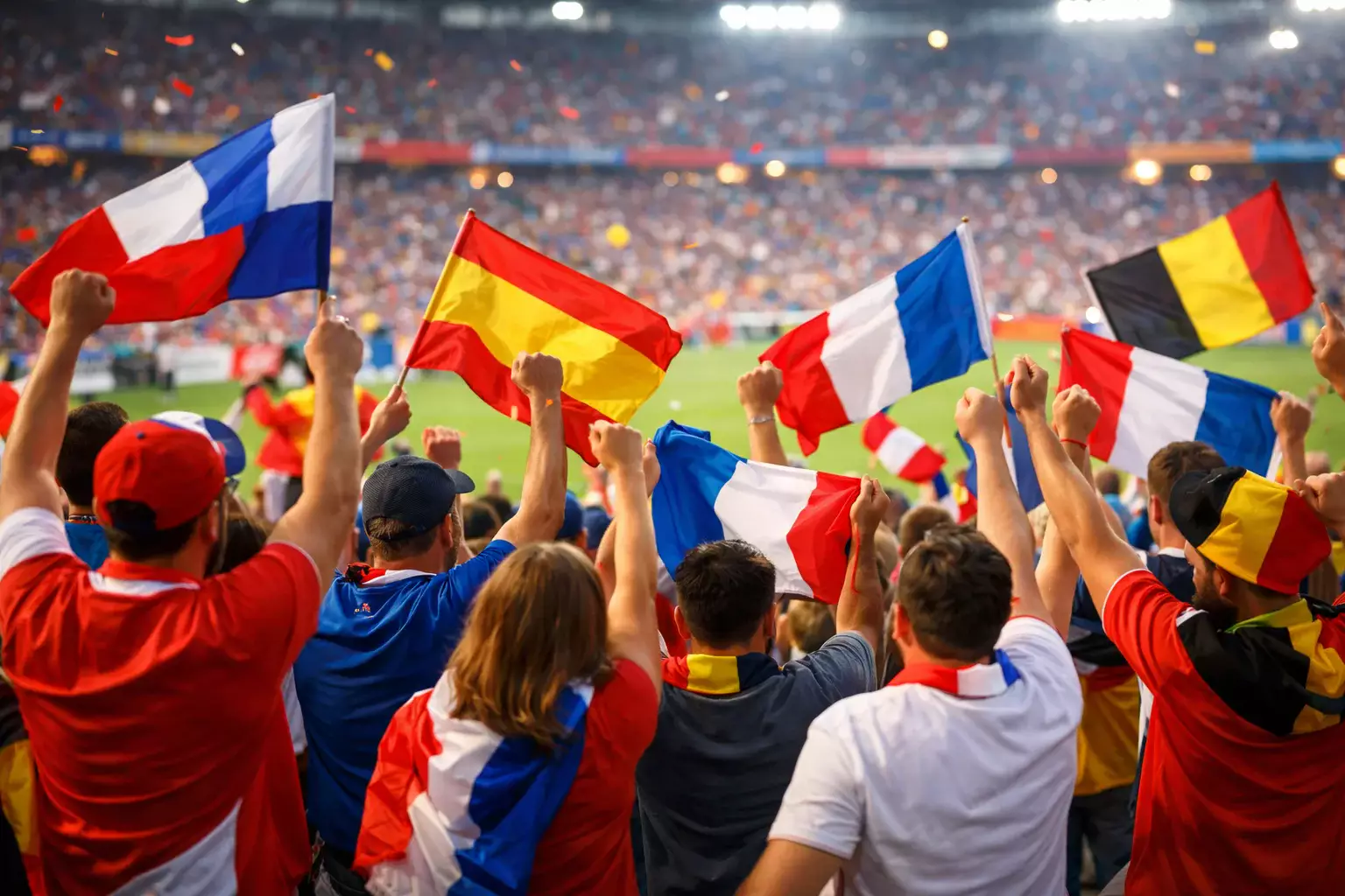 Jubelnde Fans mit Nationalflaggen bei einem internationalen Fußballturnier