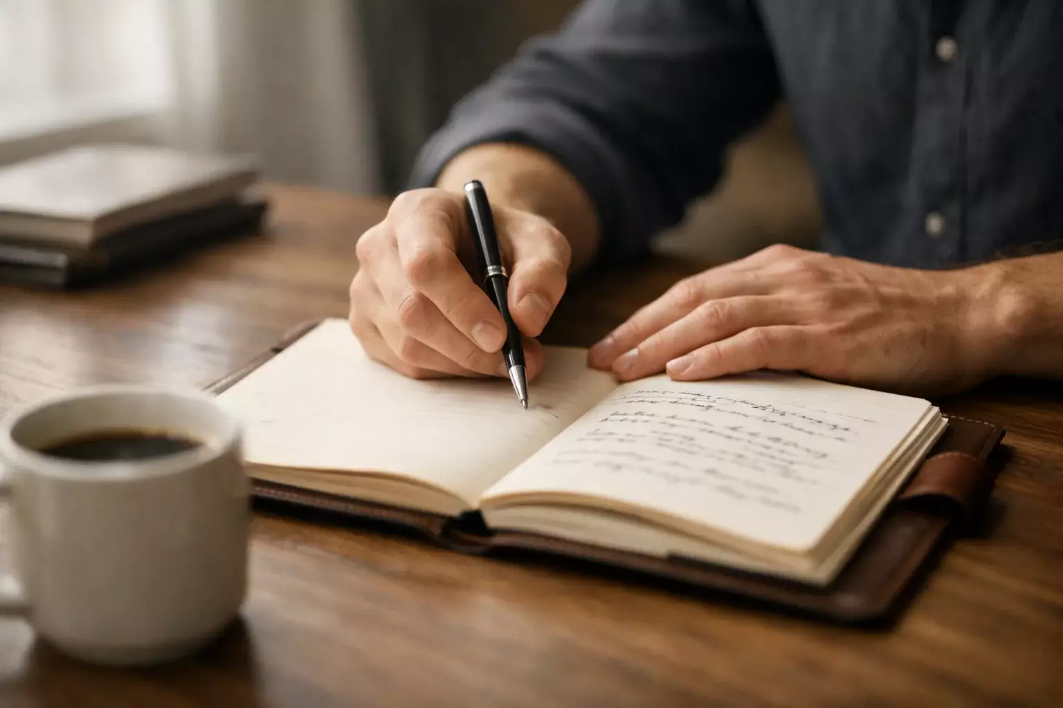 Person hält nachdenklich einen Stift vor einem Notizbuch