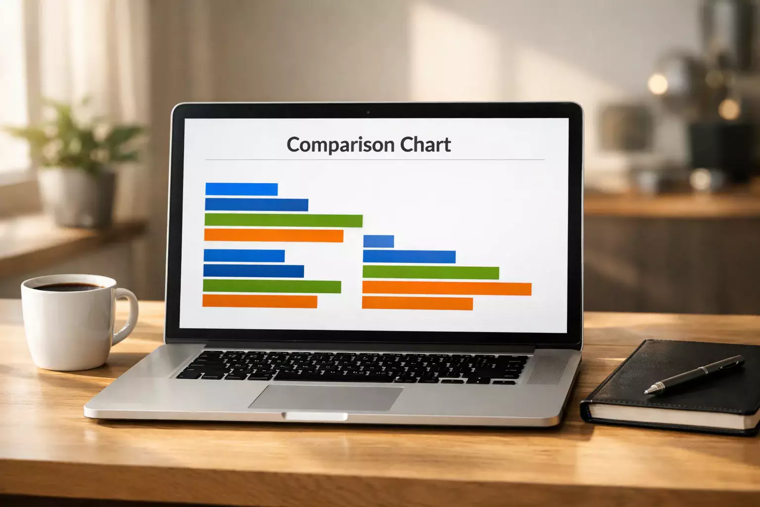 Laptop mit Balkendiagramm und verschiedenen Zahlen auf dem Bildschirm