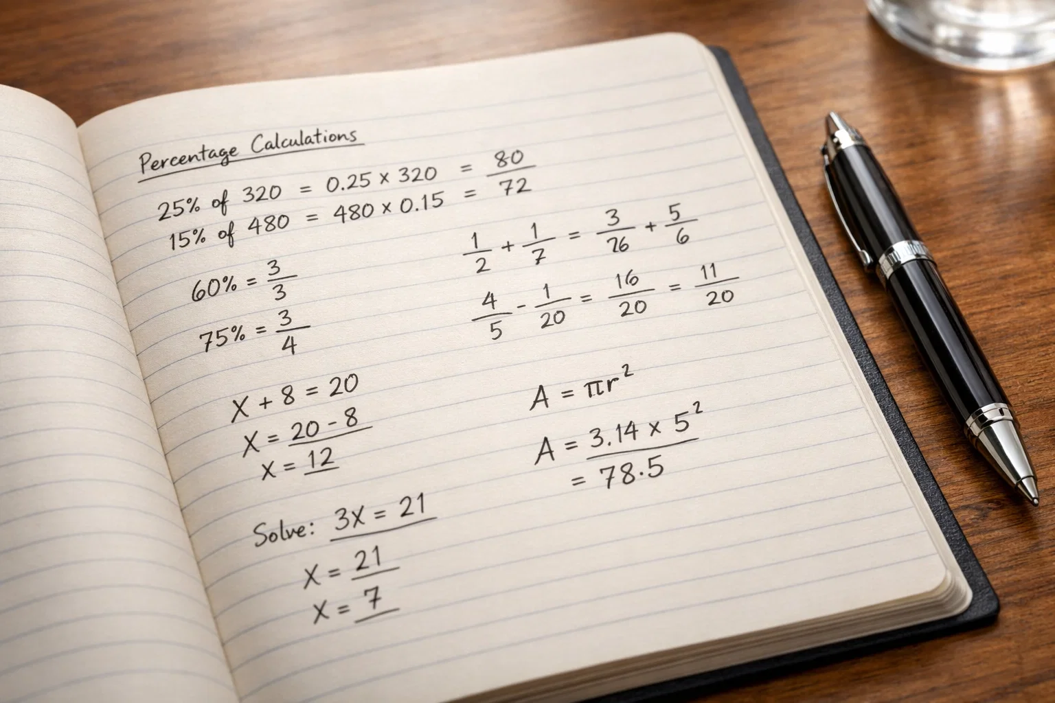 Notizbuch mit mathematischen Berechnungen und Formeln auf einem Schreibtisch