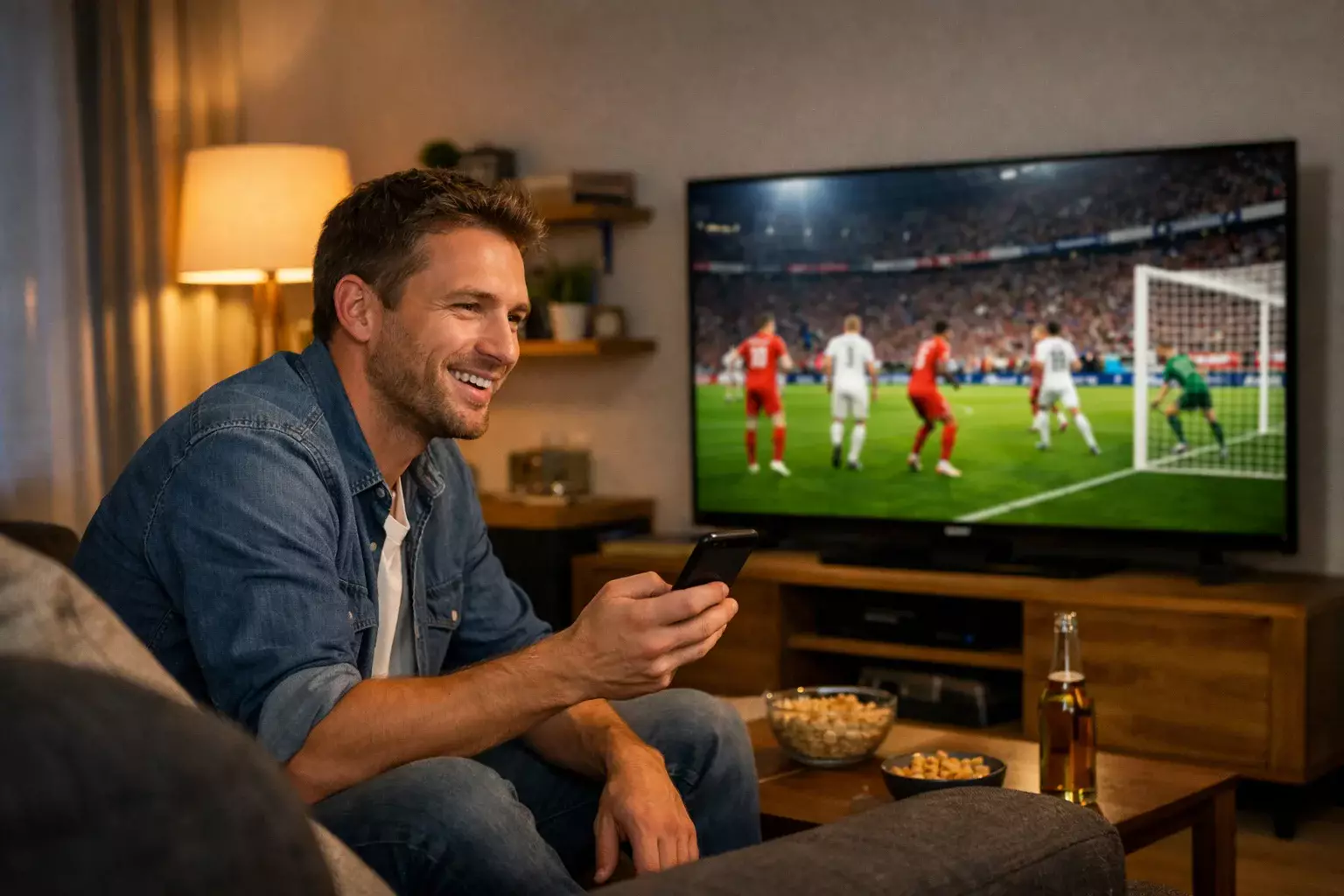 Fan schaut Bundesliga-Spiel im Wohnzimmer mit Smartphone in der Hand