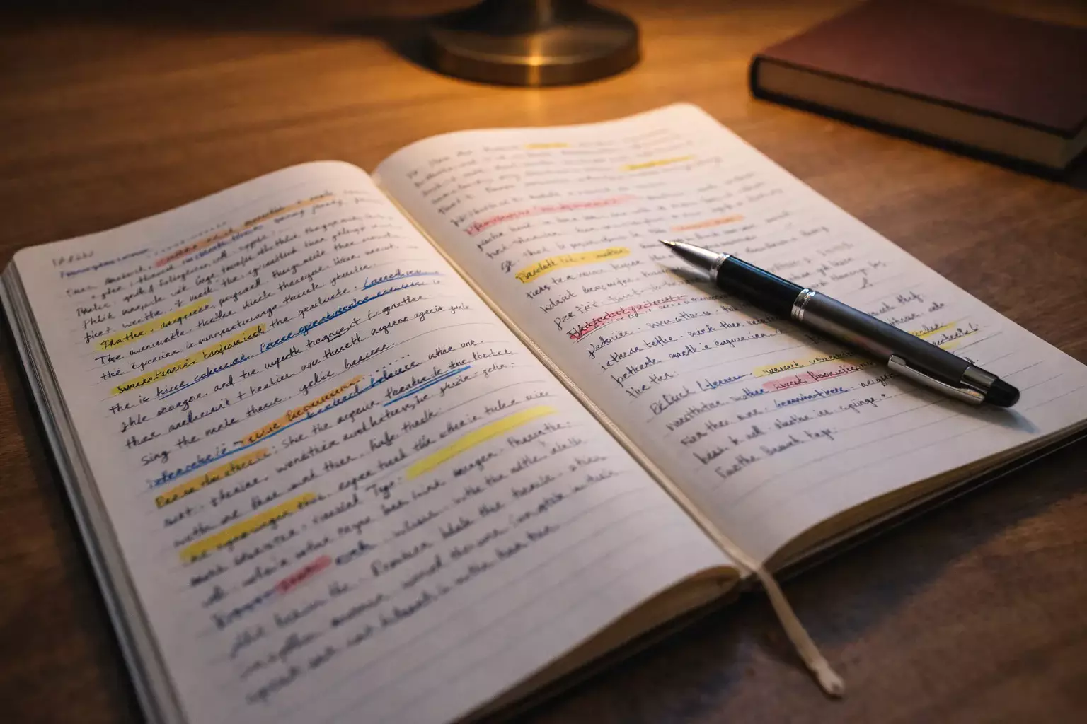 Aufgeschlagenes Notizbuch mit handschriftlichen Notizen und Markierungen