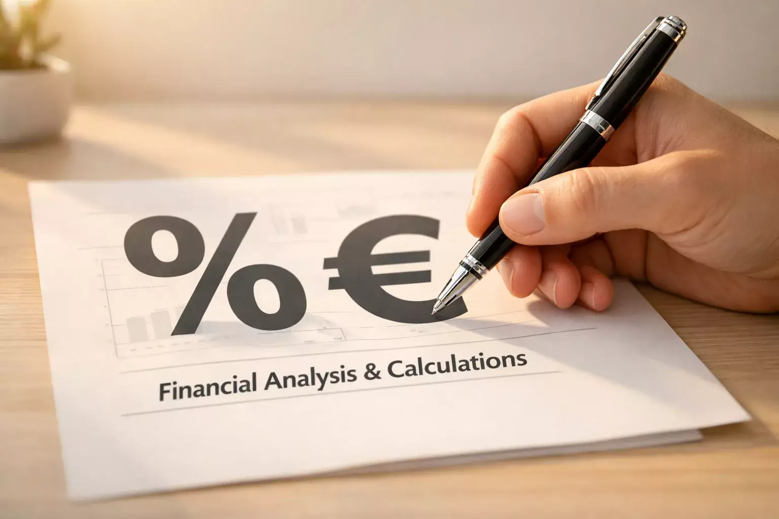 Hand mit Stift über einem Dokument mit Prozentzeichen und Euro-Symbol