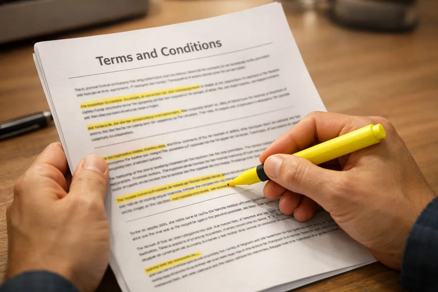 Person studiert Vertragsbedingungen mit Textmarker in der Hand