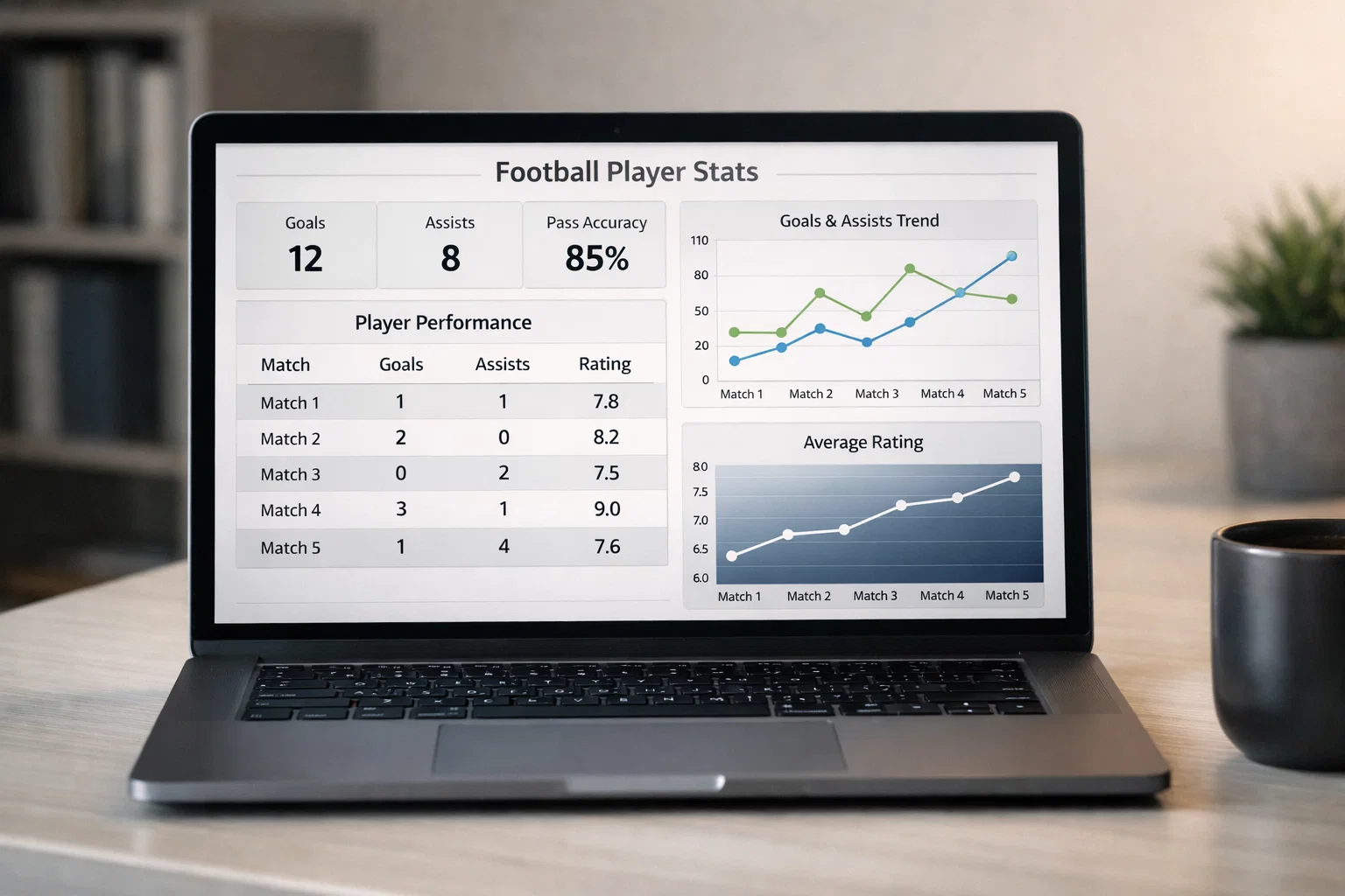 Nahaufnahme eines Laptops mit Fußballstatistiken und Diagrammen auf dem Bildschirm