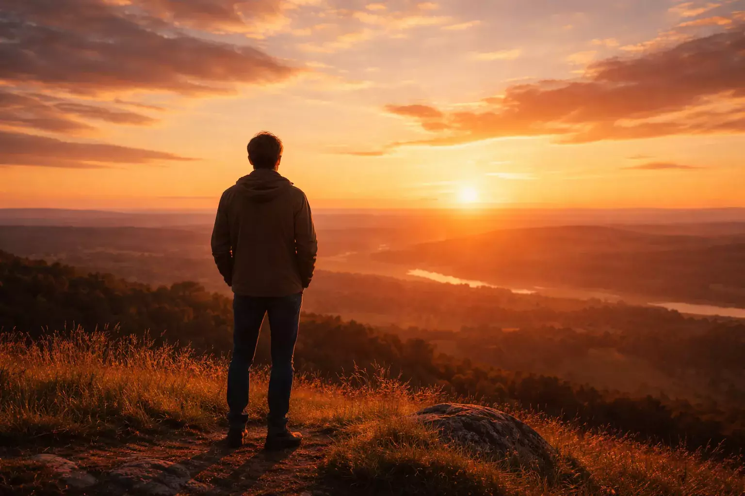 Person blickt nachdenklich auf einen ruhigen Horizont bei Sonnenuntergang