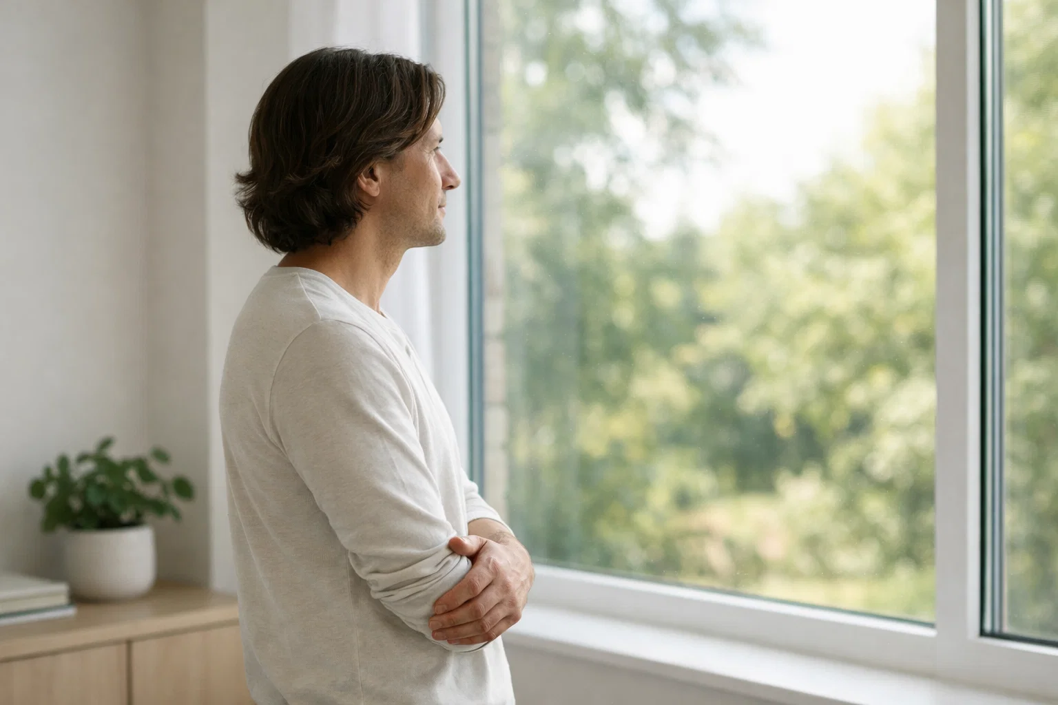 Person macht eine Pause vom Bildschirm und blickt entspannt aus dem Fenster