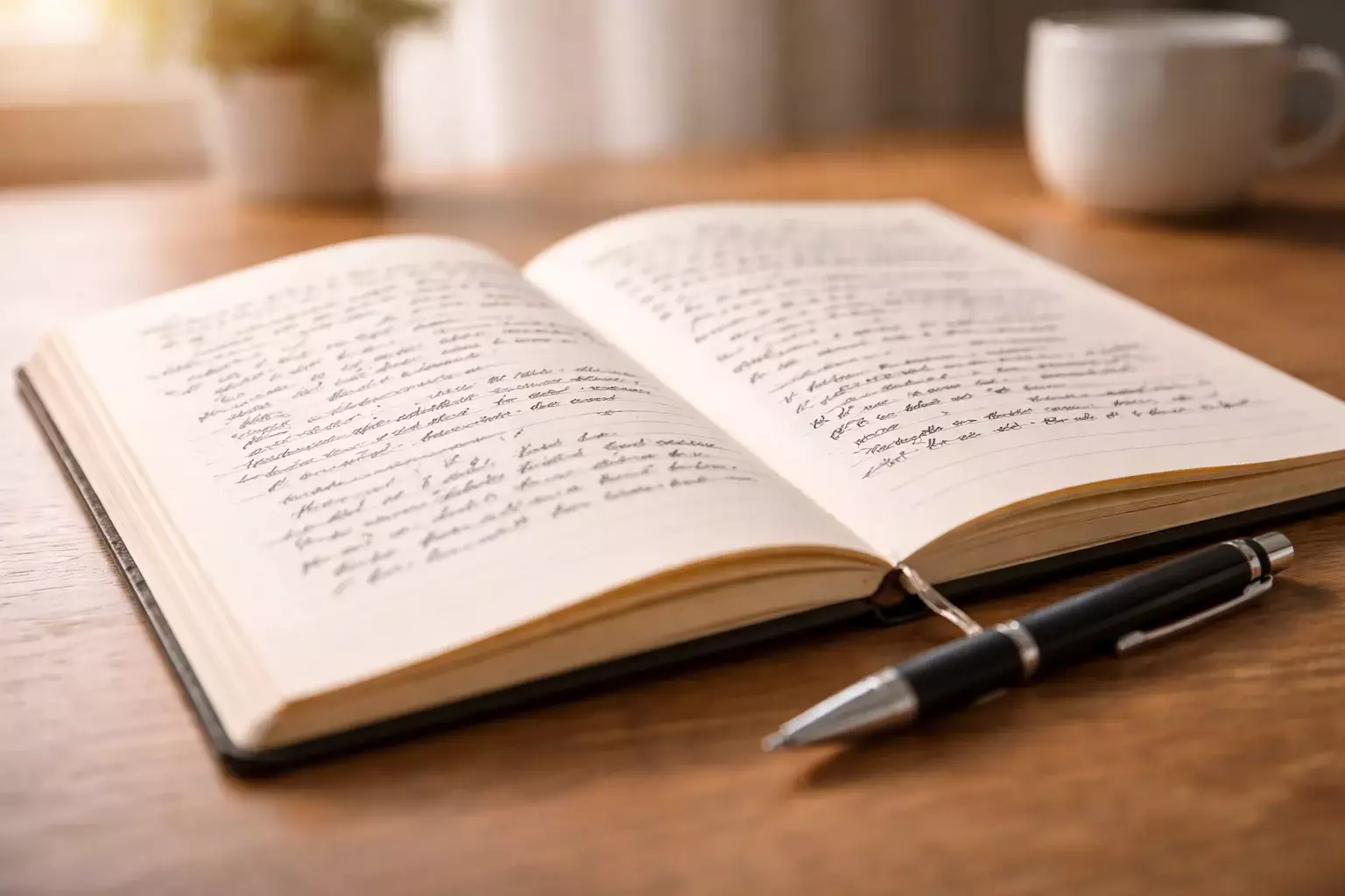 Aufgeschlagenes Notizbuch mit handschriftlichen Notizen und einem Stift daneben