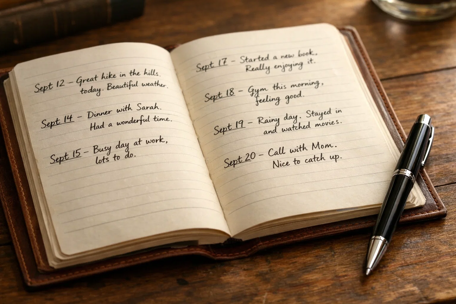 Aufgeschlagenes Notizbuch mit handschriftlichen Notizen und ein Stift daneben